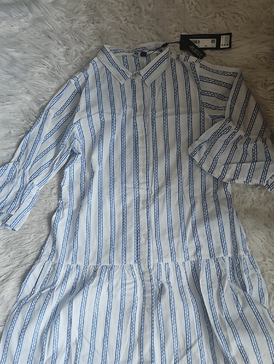 Light Blue & White Vertical Stripe Button-Up Shirt Dress